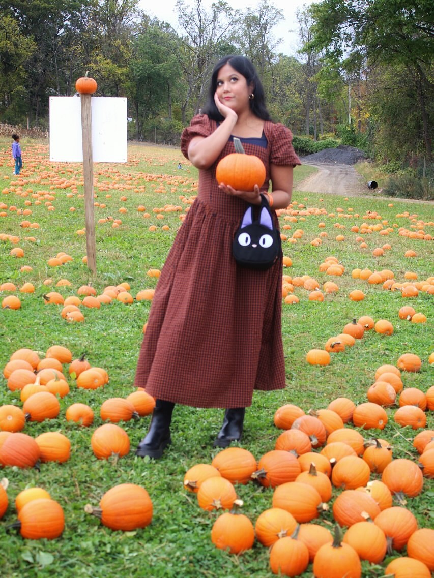 Brown Gingham Prairie Dress & Black Boots Fall Look