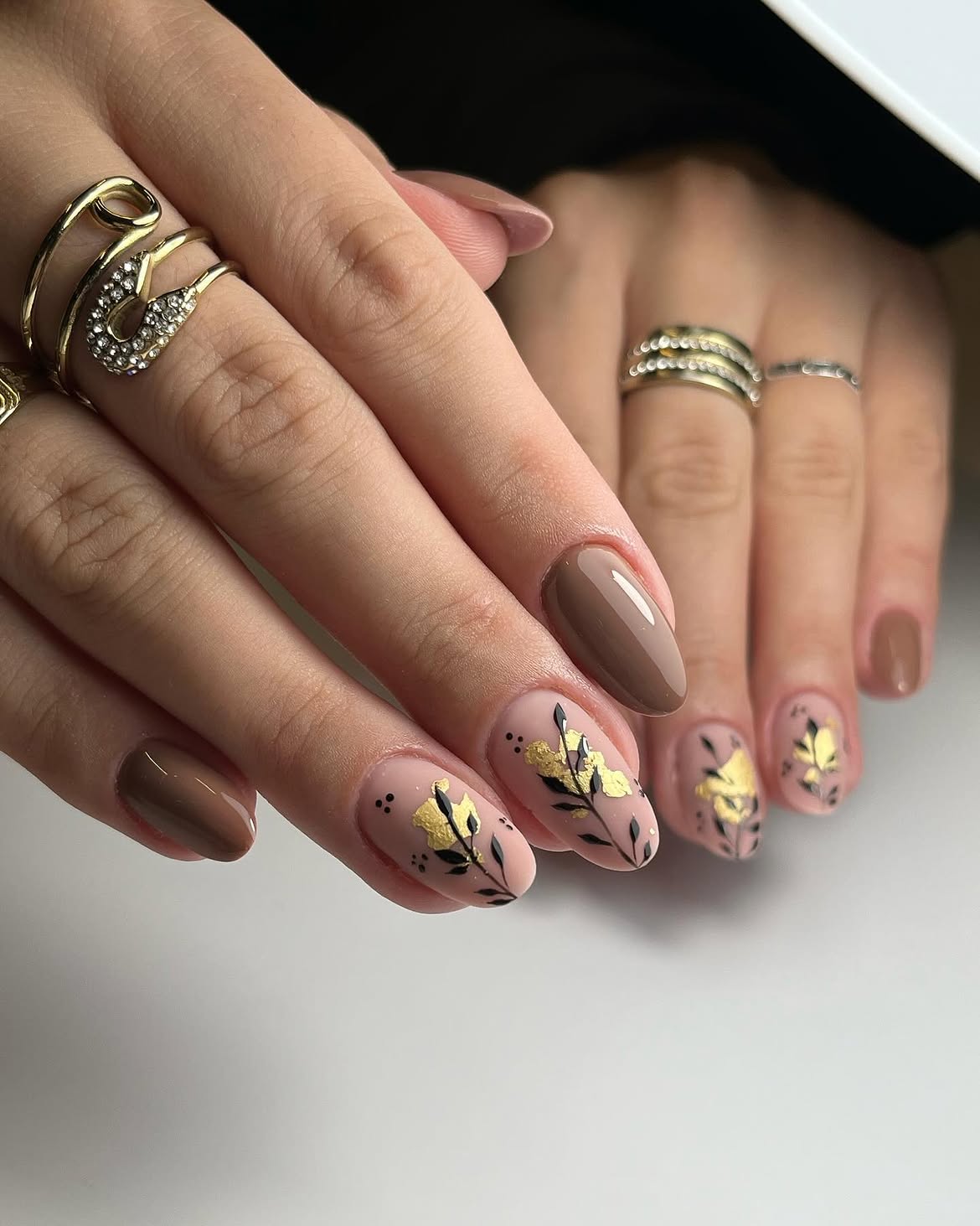 Brown Leaf and Dot Art Almond Nails
