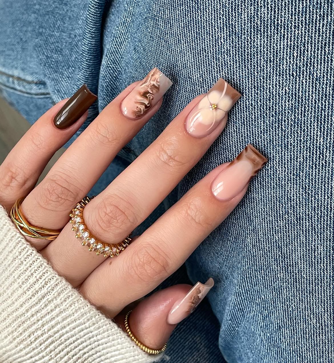Brown Swirl French Tip Square Nails
