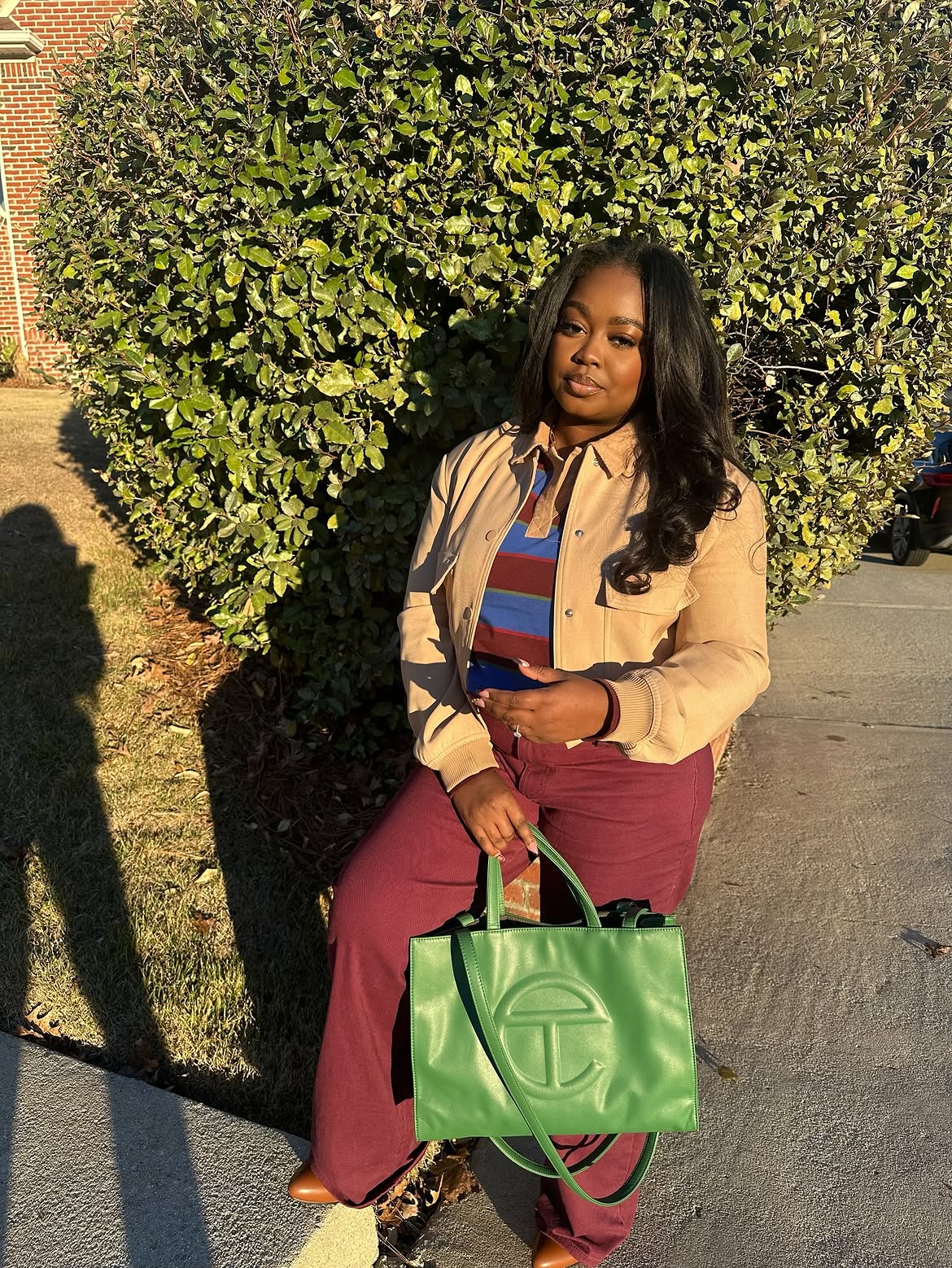 Burgundy Wide Leg Pants And Striped Polo Thanksgiving Outfit