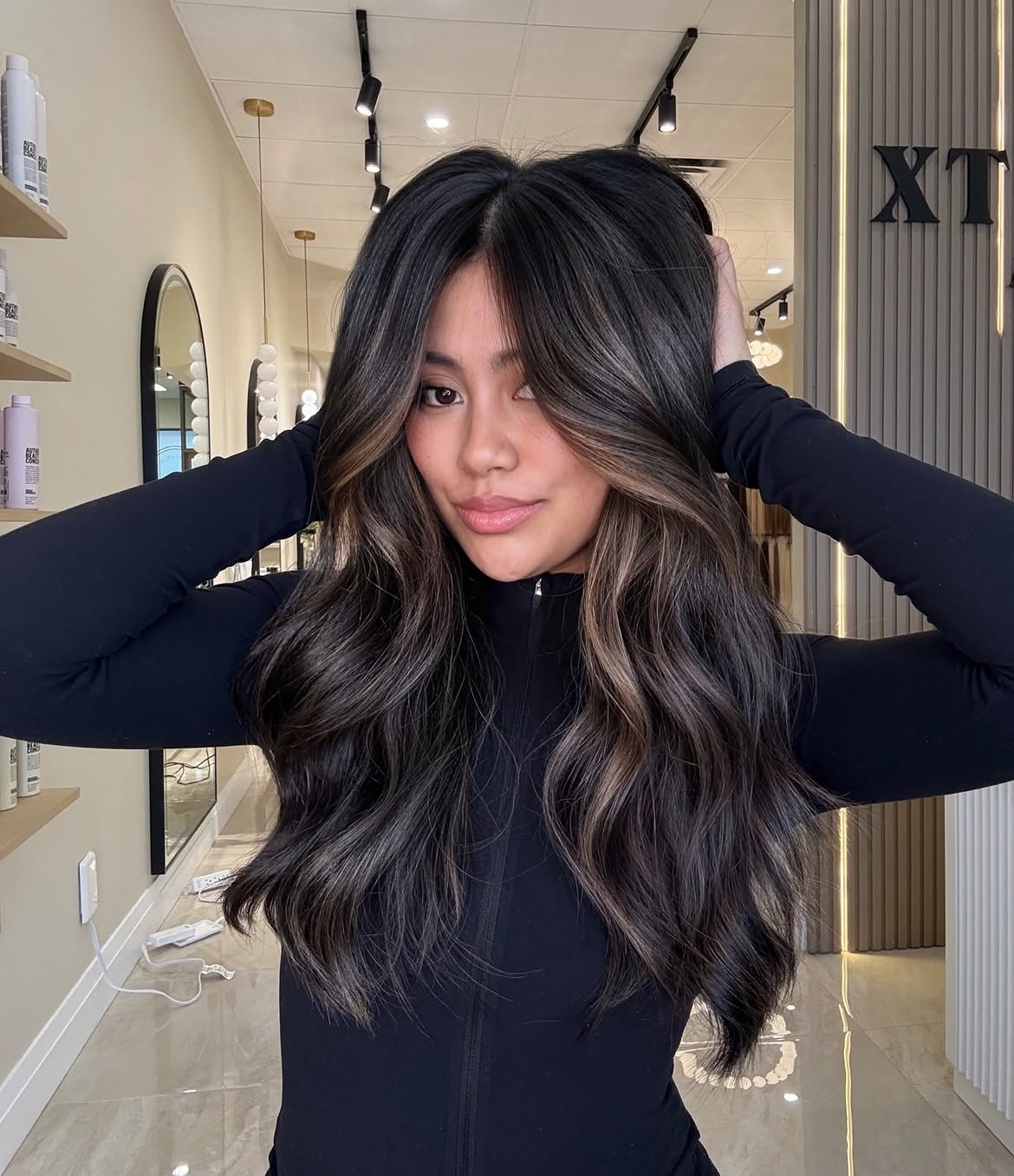 Caramel Ribbon Highlights On Long Dark Hair