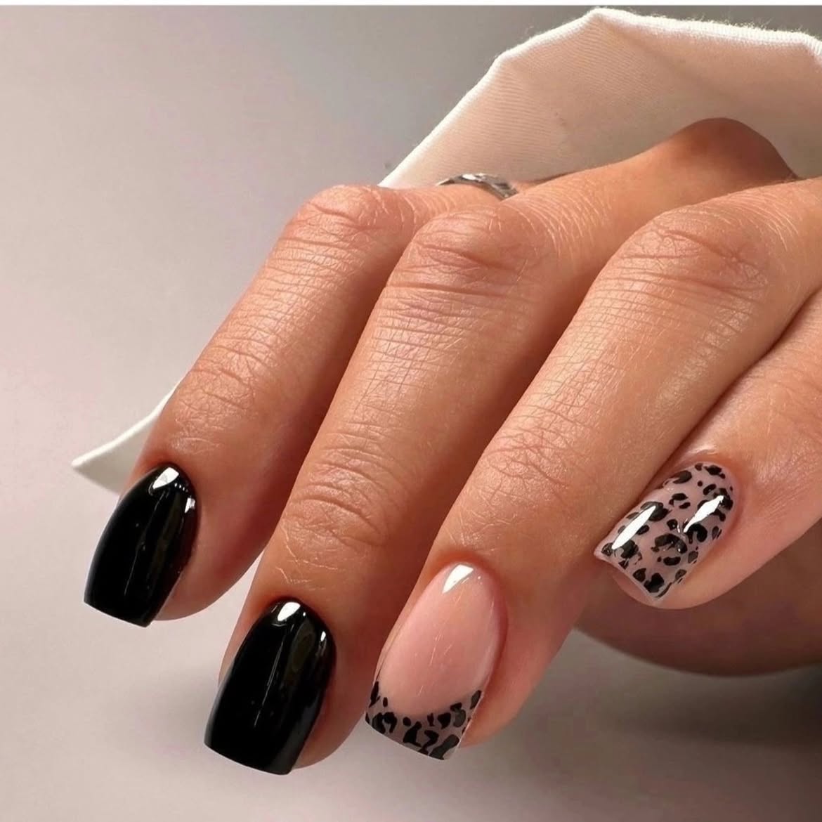 Chic Black French Tips with Leopard Accent