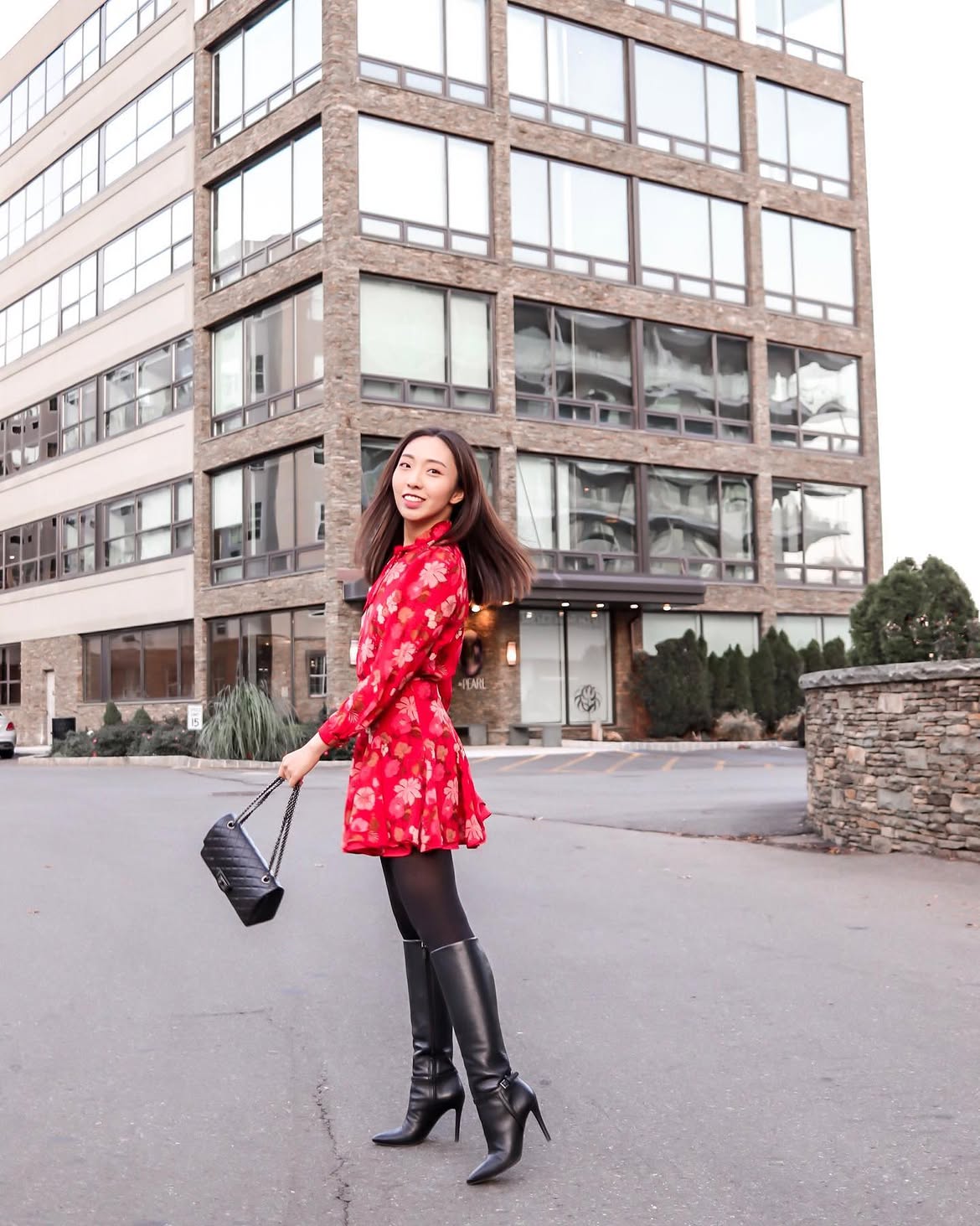 Chic Floral Dress With Knee-High Boots