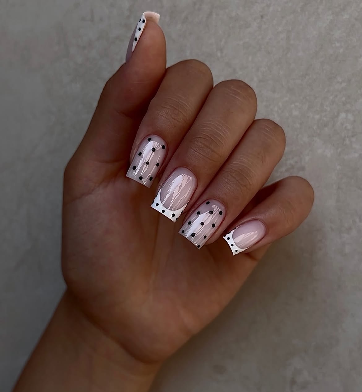 Chic French Tip Square Nails with Black Polka Dots