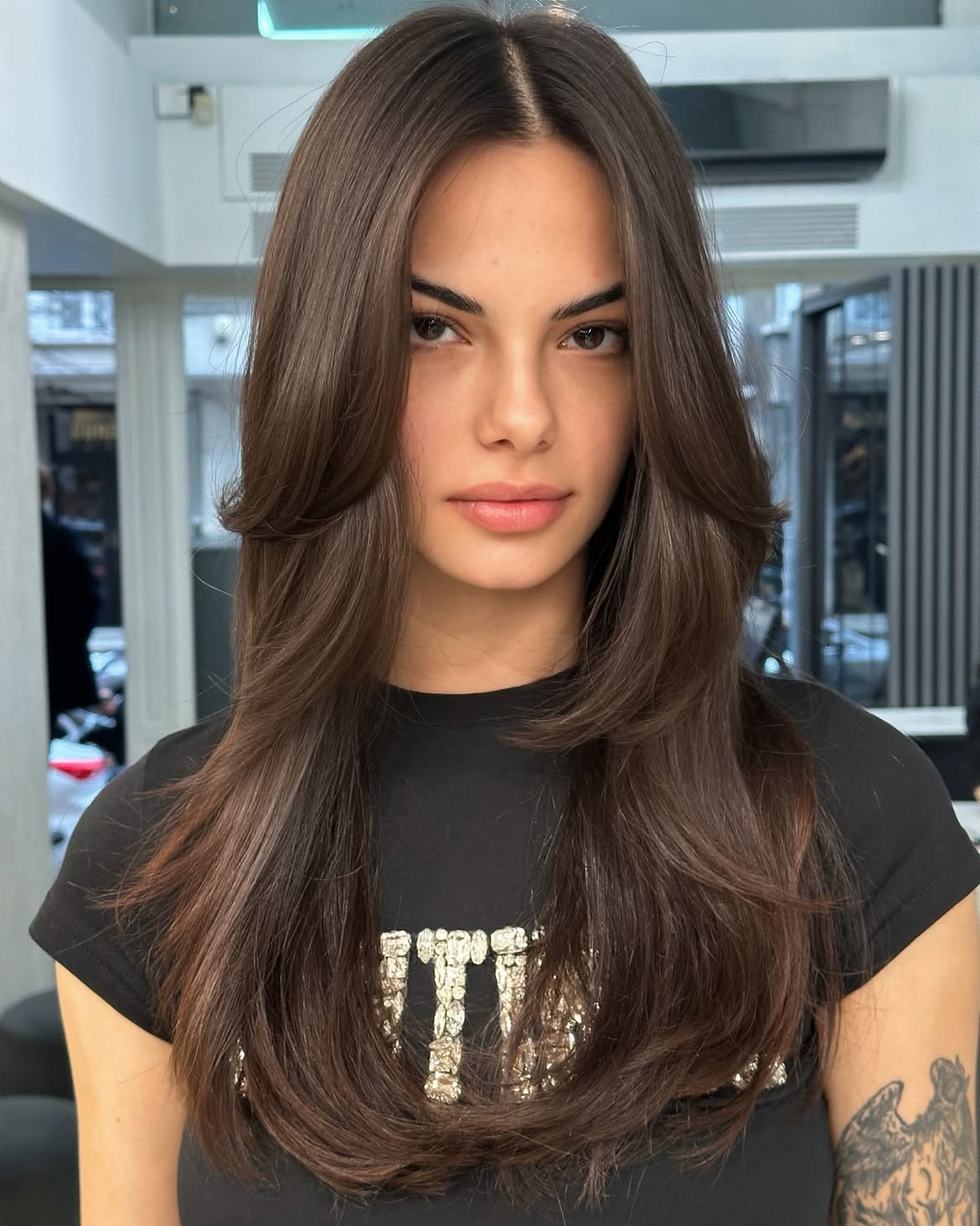 Chocolate Brown Curtain Bangs With Face Framing Layers