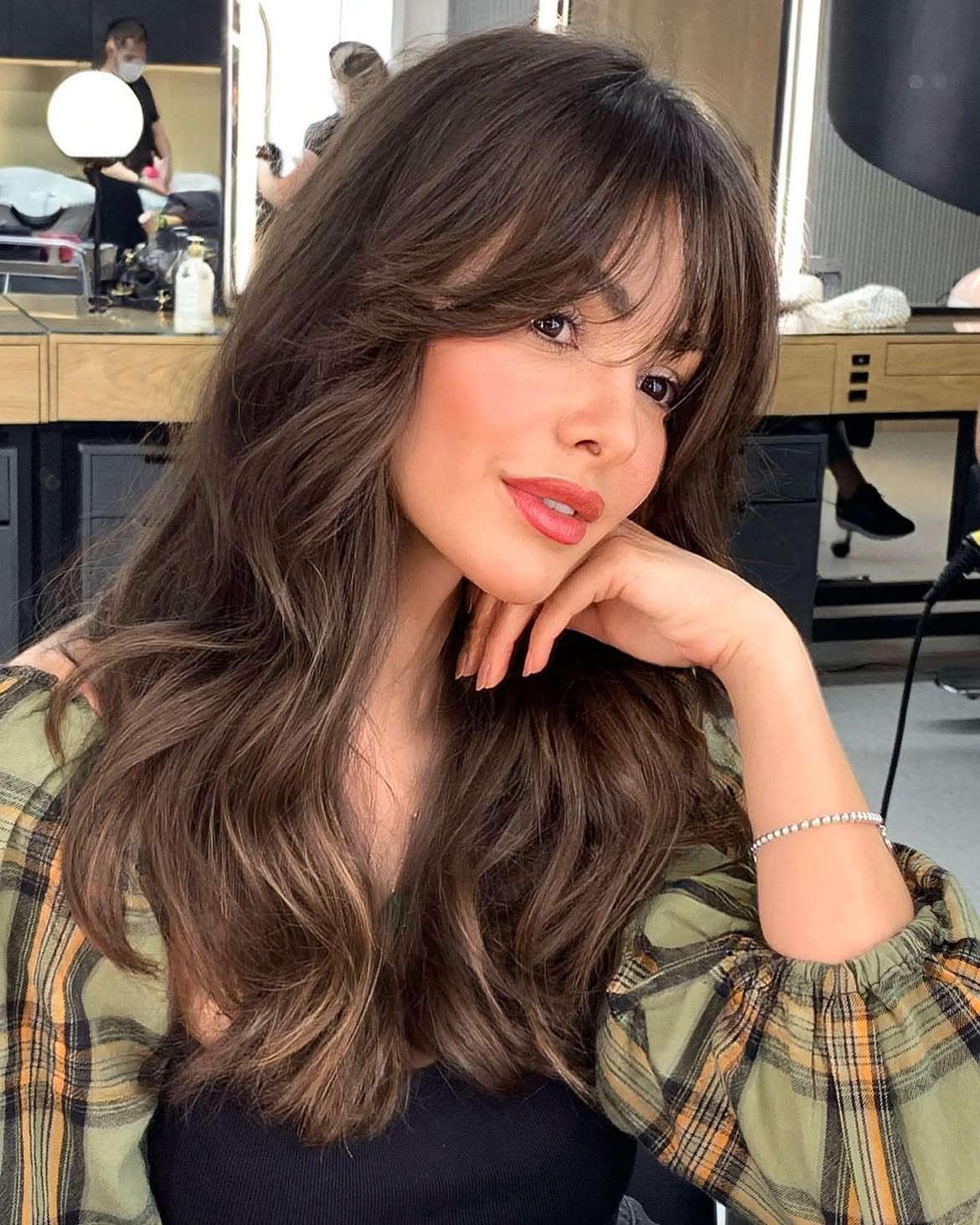 Chocolate Brown Curtain Bangs With Soft Waves