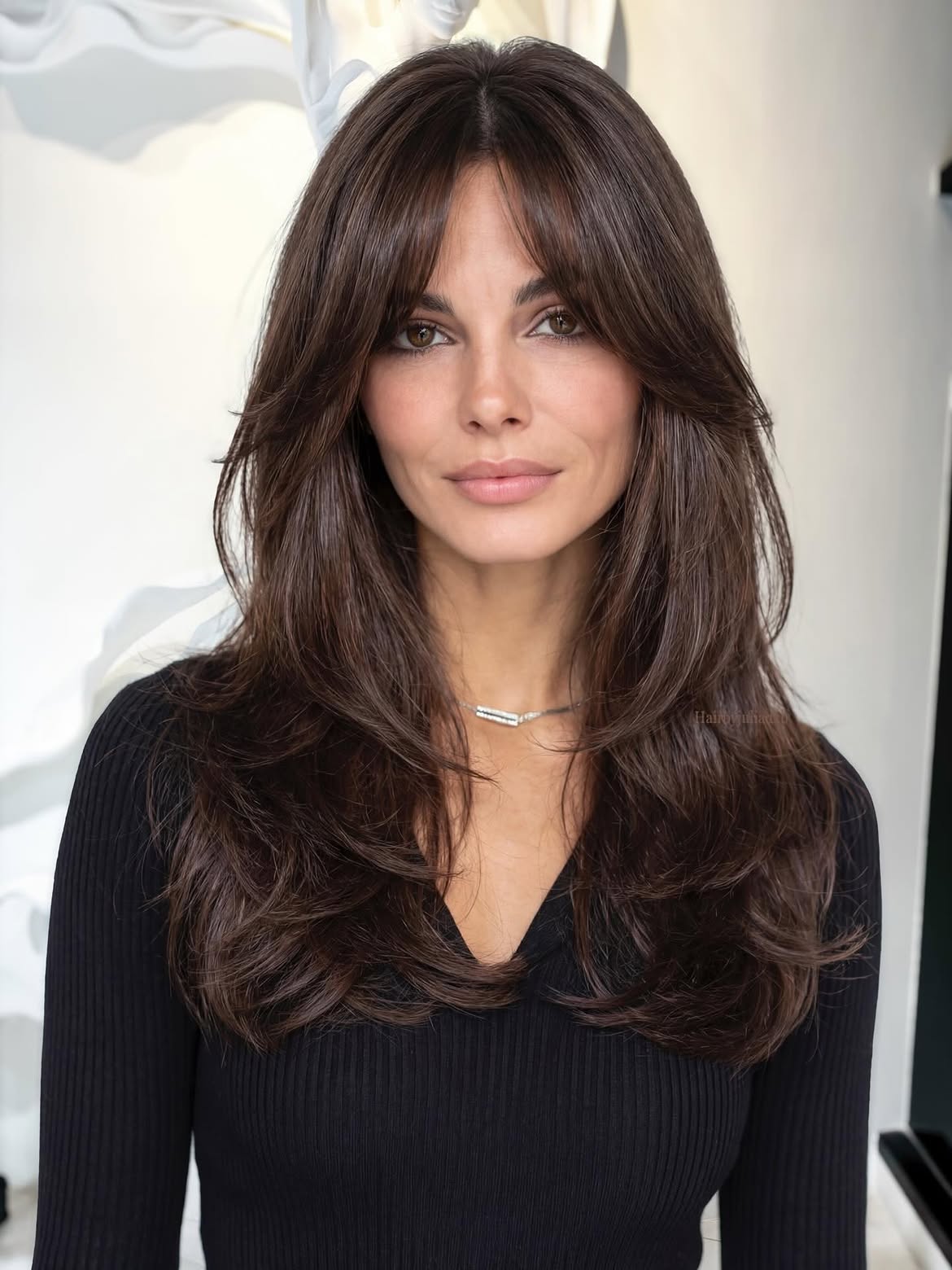 Chocolate Brown Curtain Bangs With Subtle Layers