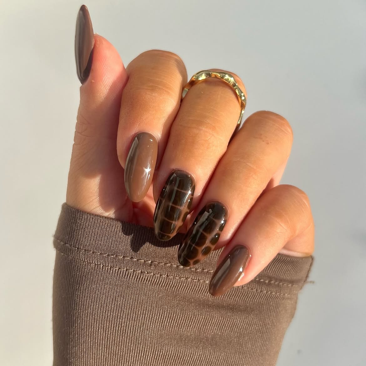 Chocolate Croc Print Almond Nails