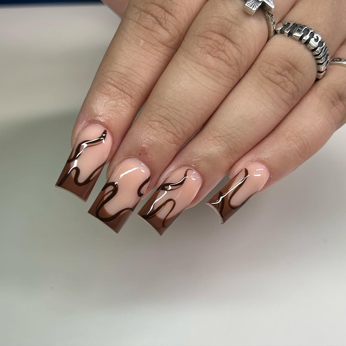Chocolate Drizzle French Tip Square Nails
