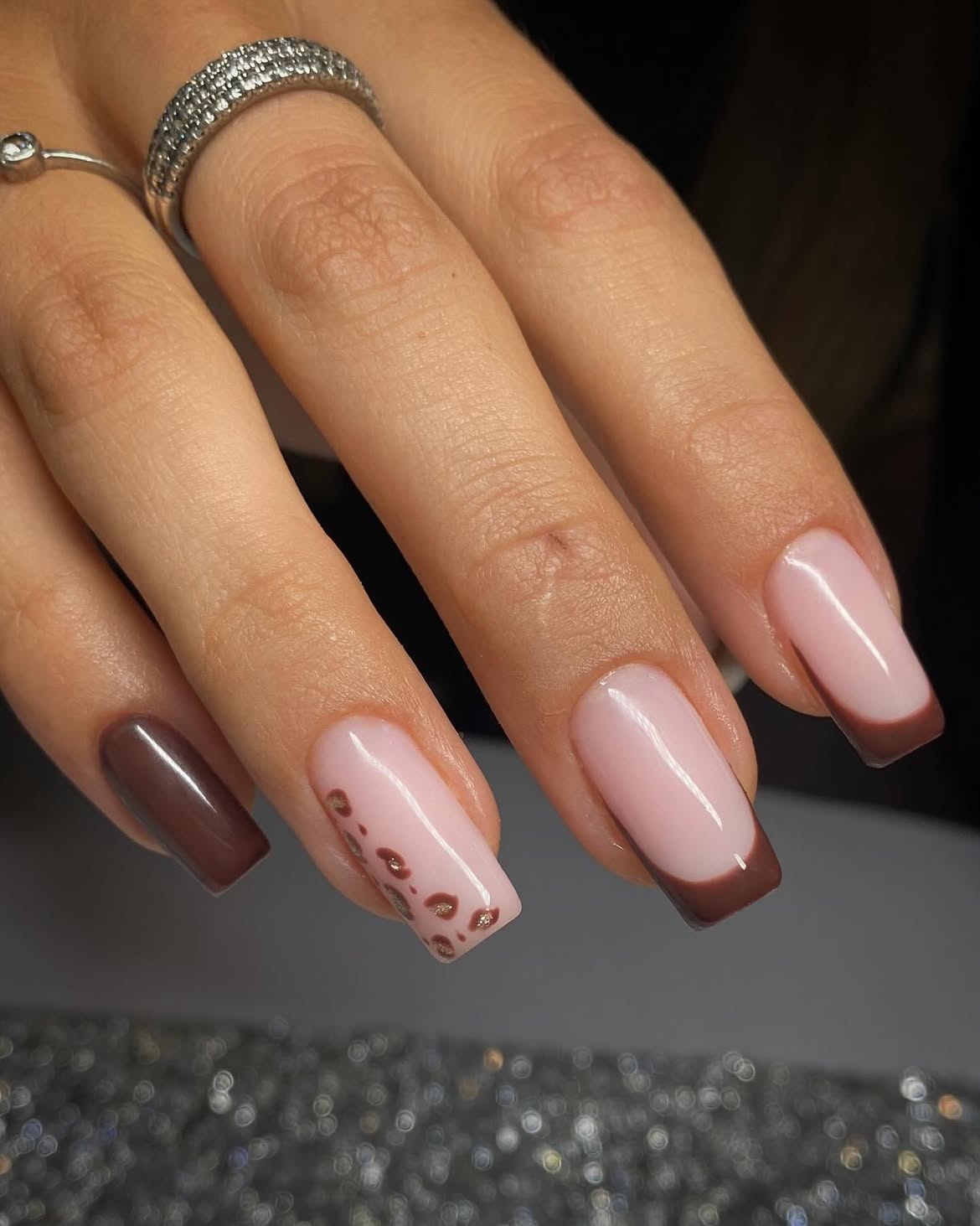 Chocolate French Tips With Leopard Accent Nails
