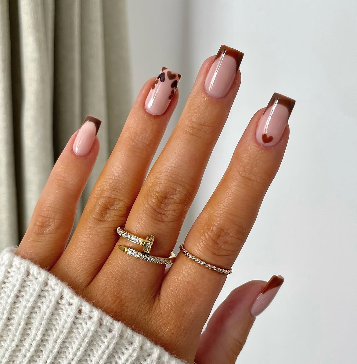 Chocolate Swirl & Heart French Tip Nails