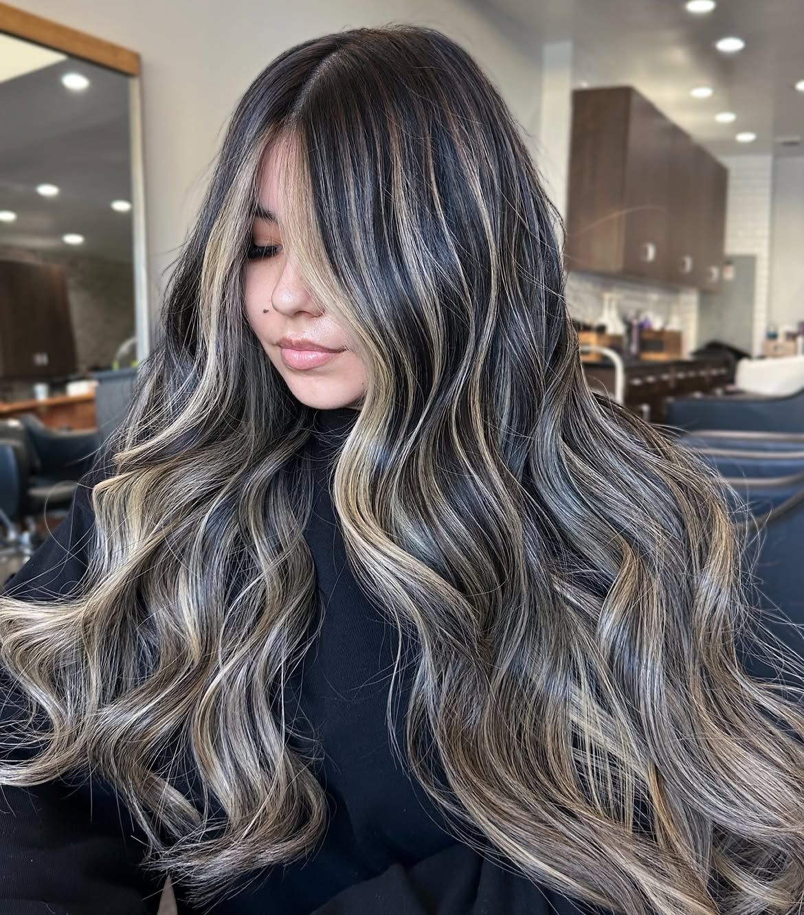 Chunky Ash Blonde Highlights On Dark Hair