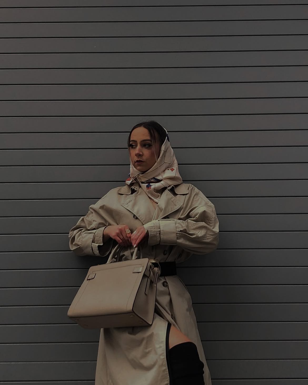 Classic Trench Coat With Chic Silk Headscarf Look
