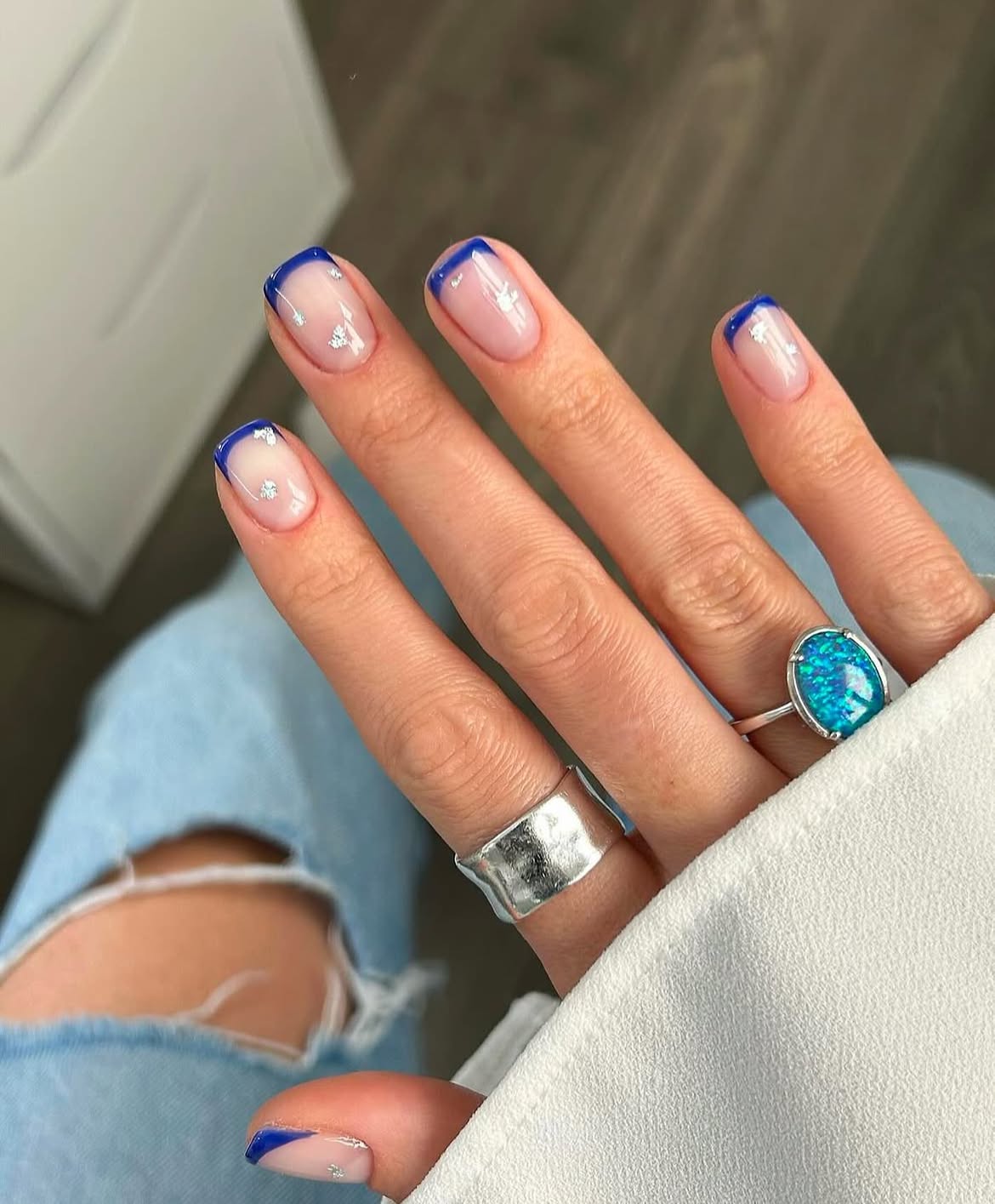 Cobalt Blue French Tips with Silver Flakes