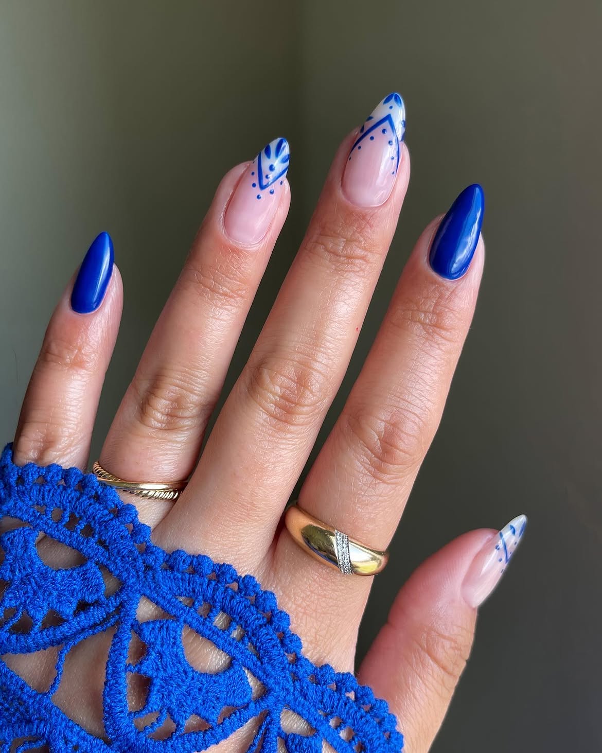 Cobalt Blue & White Boho French Almond Nails
