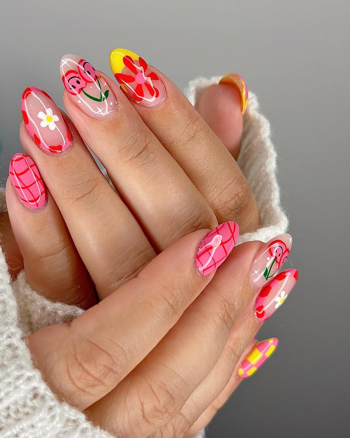Colorful Retro Cherry And Flower Almond Nails