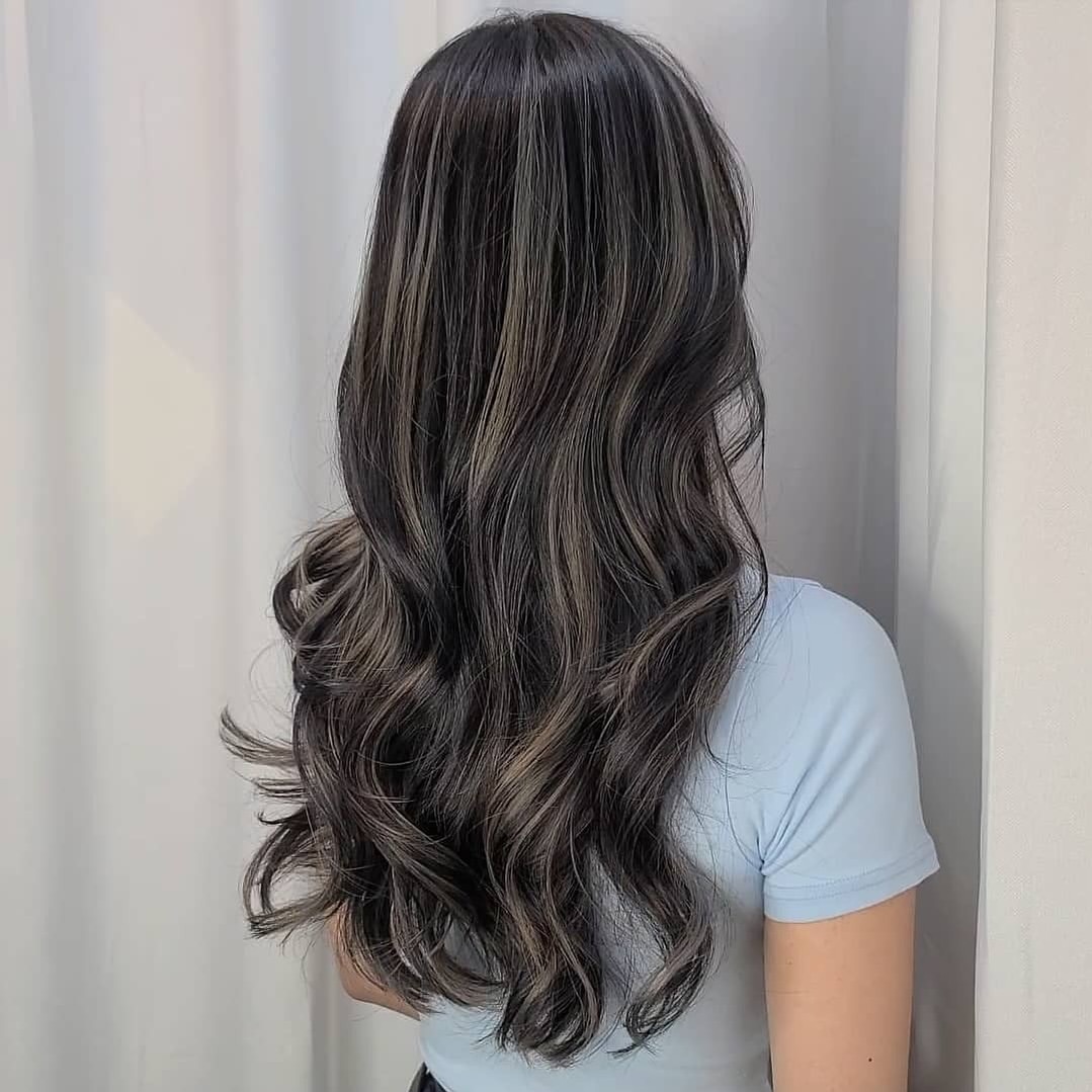 Cool Toned Ash Highlights On Jet Black Hair