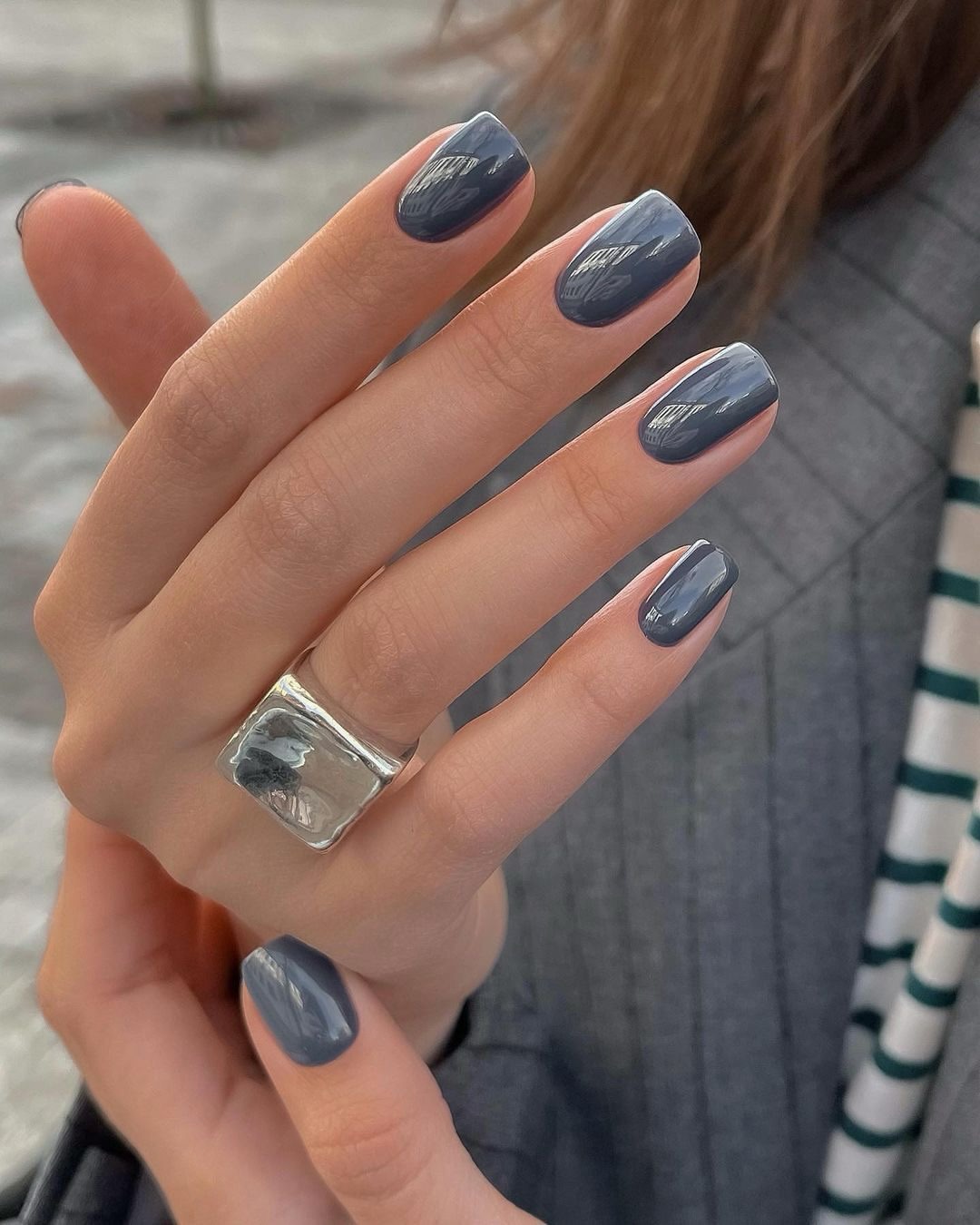 Cool Toned Slate Grey Glossy Nails