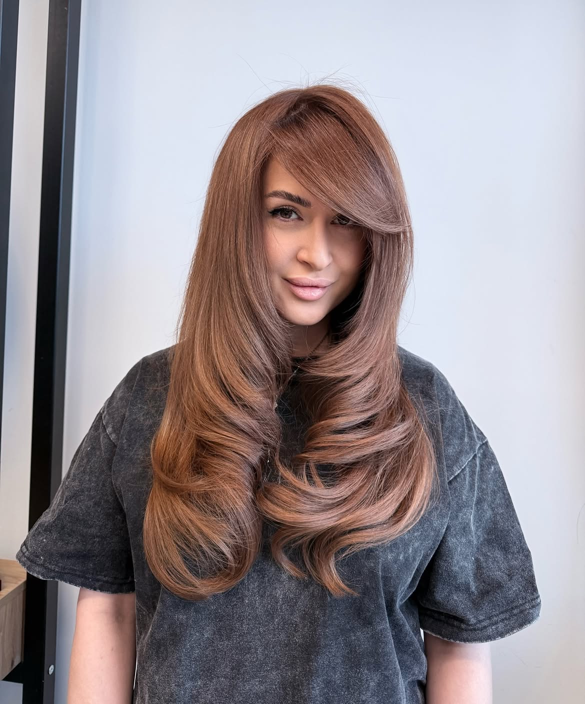 Copper Red Side Swept Bangs With Volume