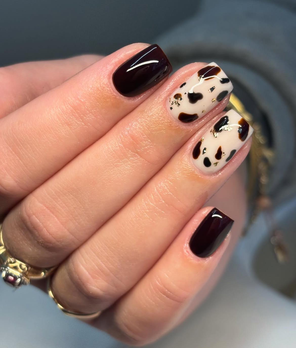 Cow Print Square Nails With Gold Flakes