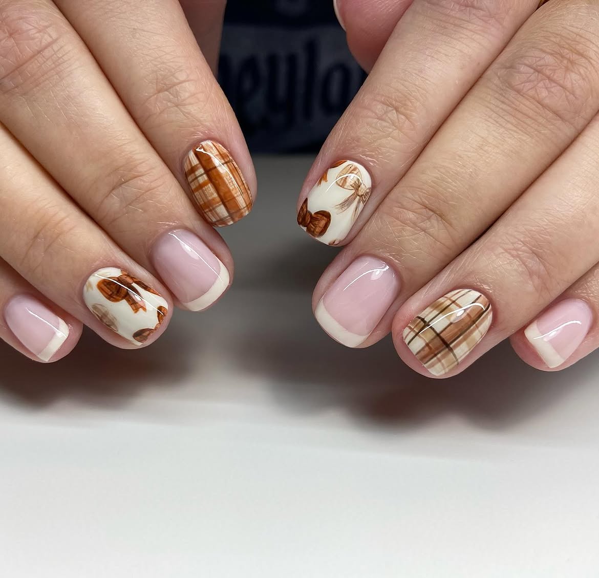 Cozy Autumn Plaid and Bow French Tips