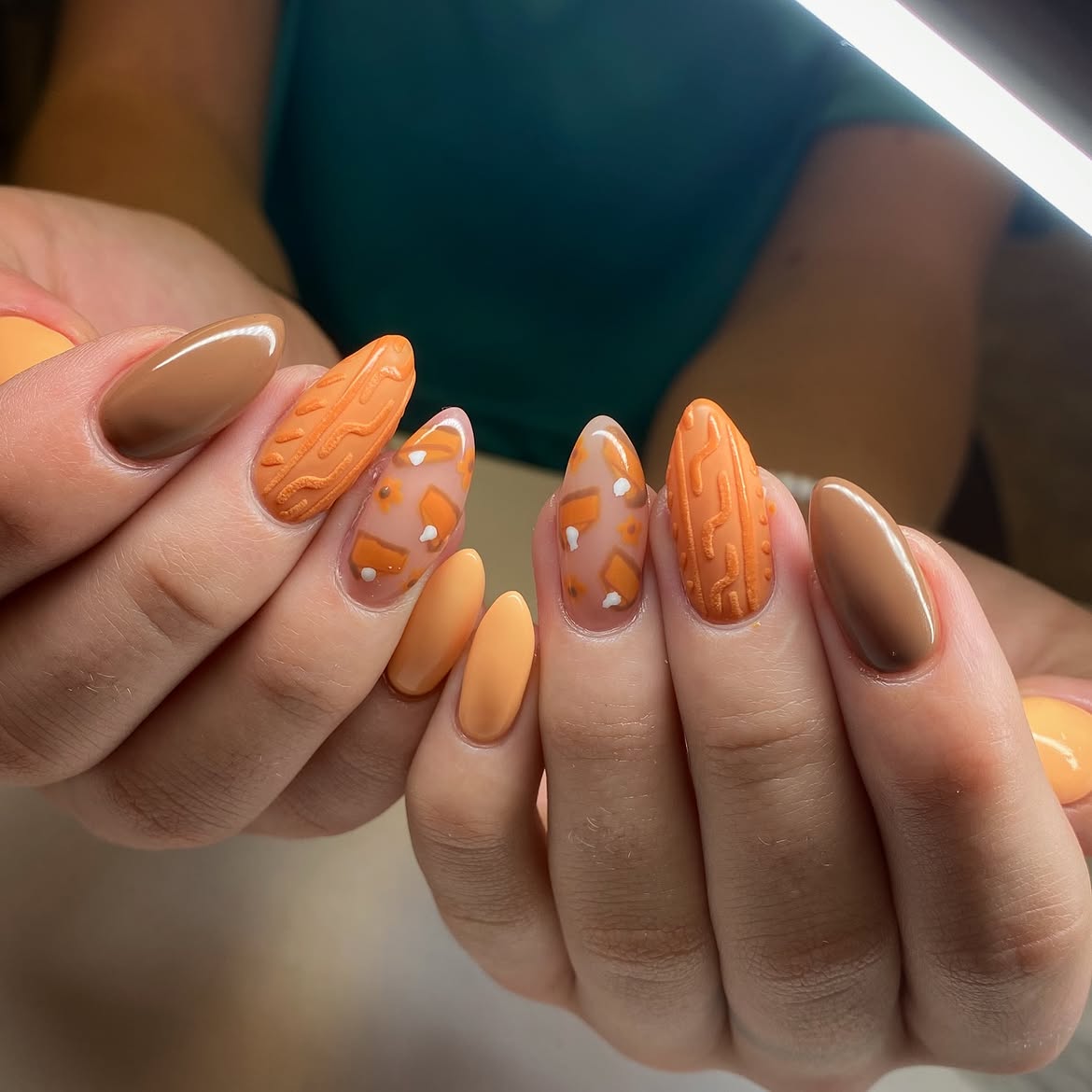 Cozy Cable Knit Orange and Brown Almond Nails