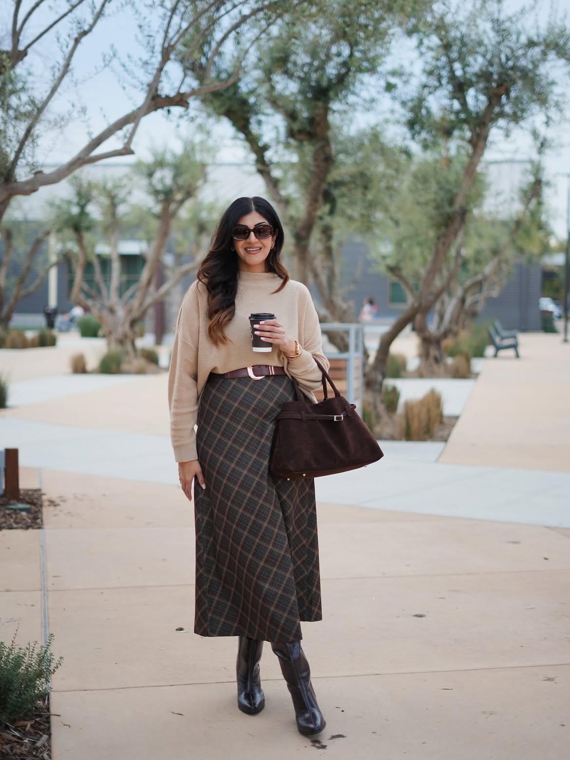 Cozy Cashmere Sweater And Plaid Midi Skirt Thanksgiving Outfit
