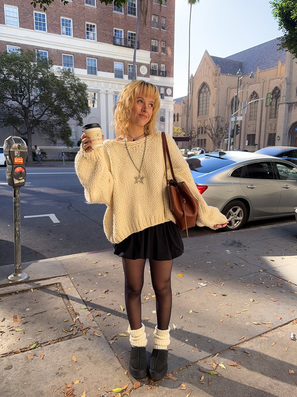 Cozy Cream Knit And Black Mini Skirt Fall Outfit