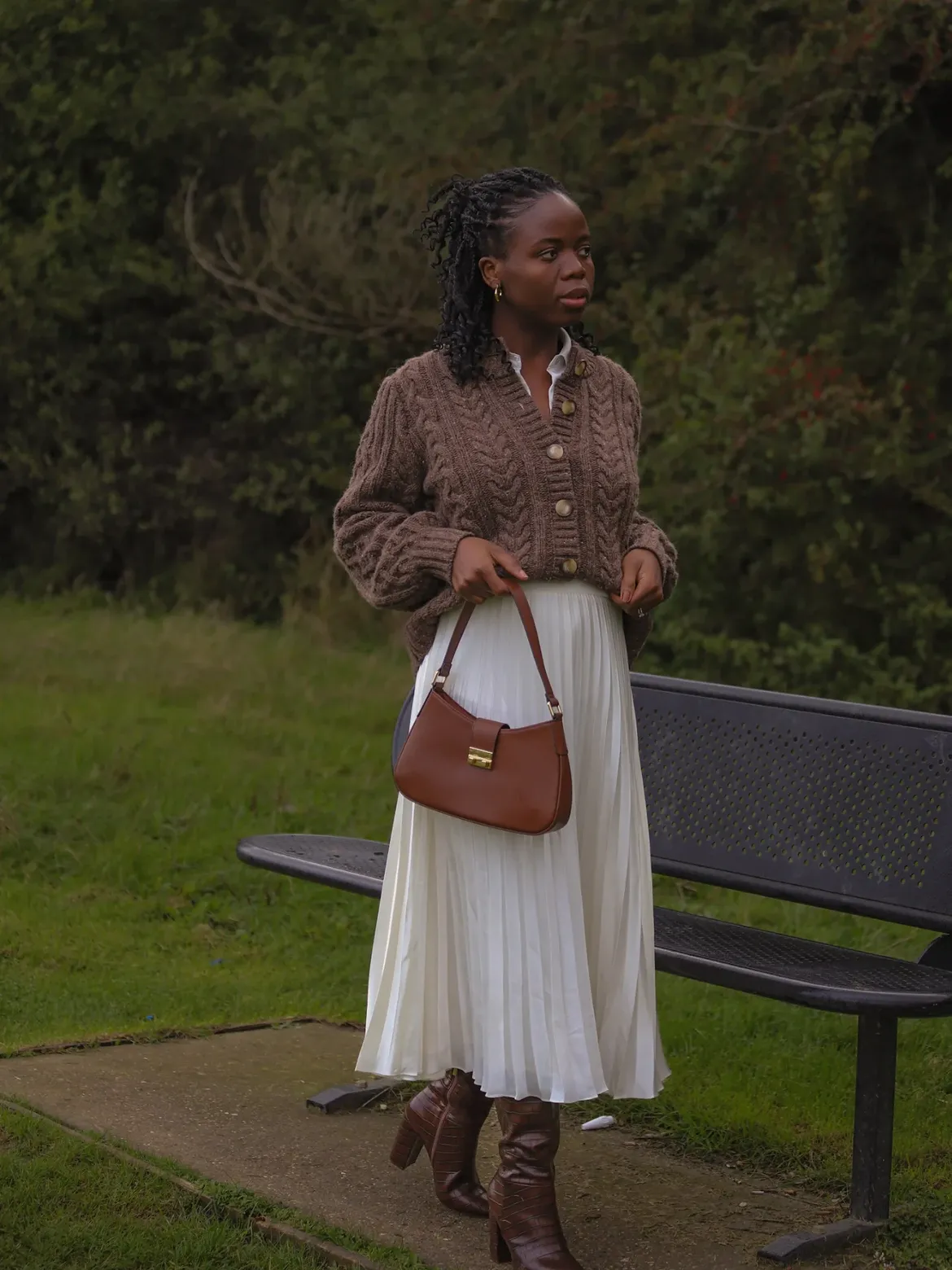 Cozy Knit Cardigan And Pleated Midi Skirt Thanksgiving Look