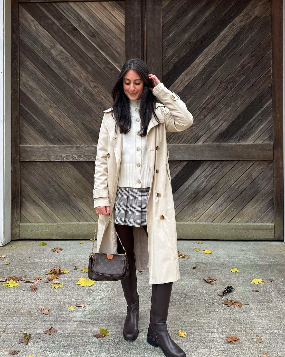 Cream Knit Sweater Plaid Skirt And Trench
