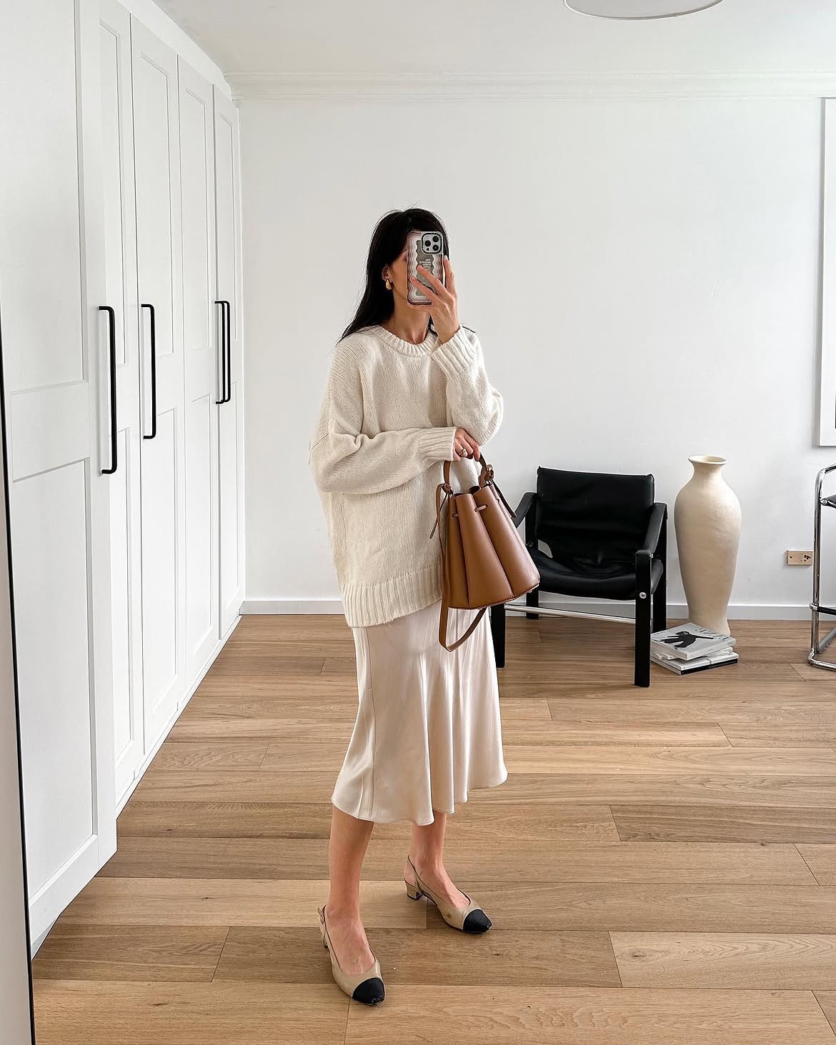 Cream Knit Sweater With Satin Midi Skirt Outfit