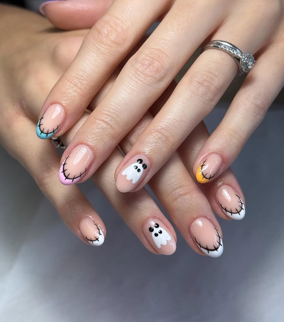 Cute Ghost Halloween French Tip Nails