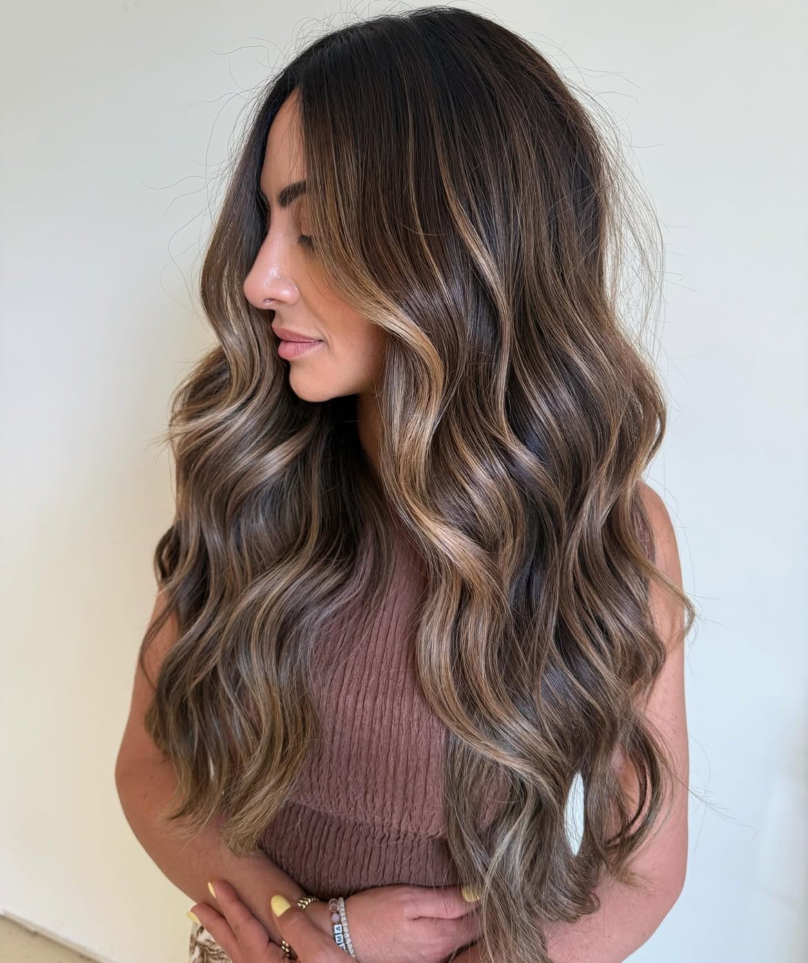 Dark Espresso Hair With Caramel Balayage Waves