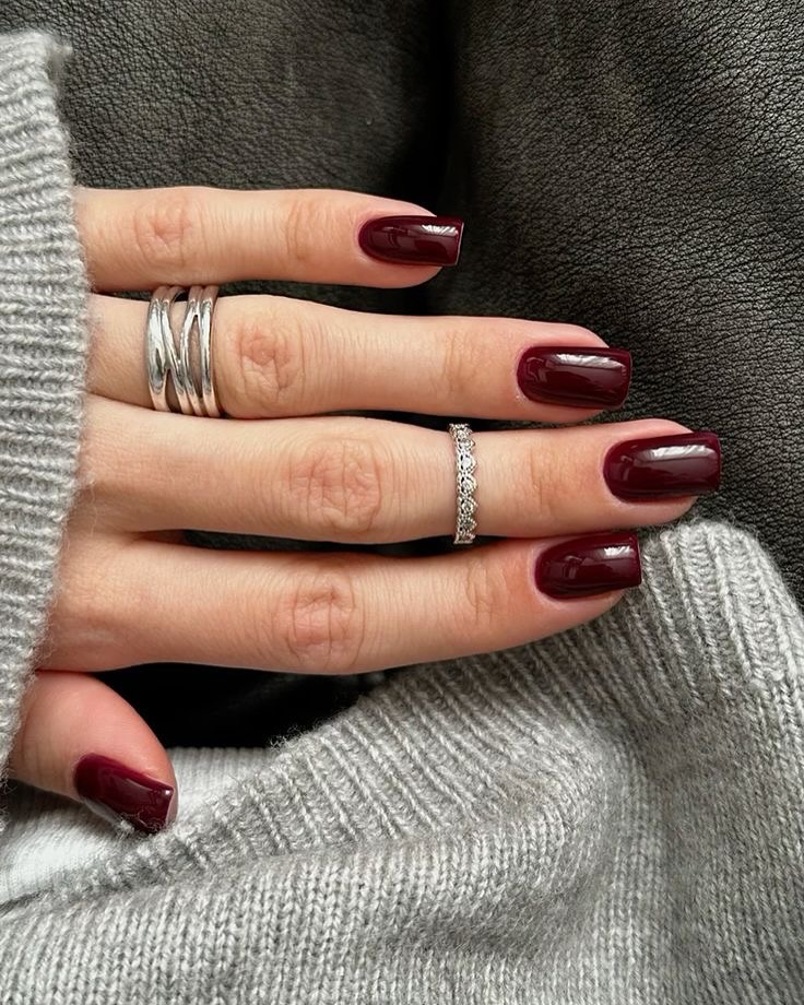 Deep Burgundy Glossy Square Nails