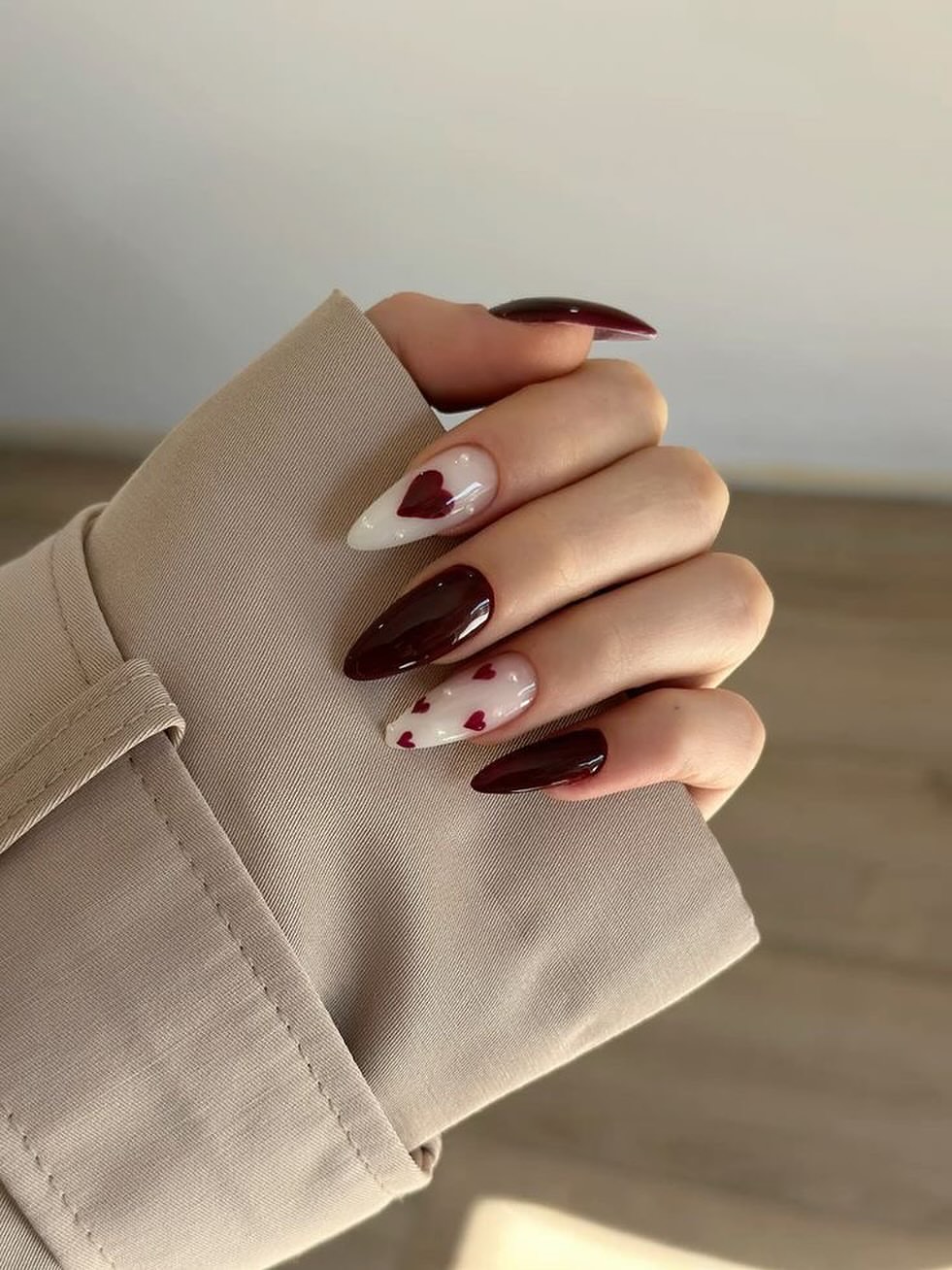 Deep Burgundy & White Heart Accent Almond Nails