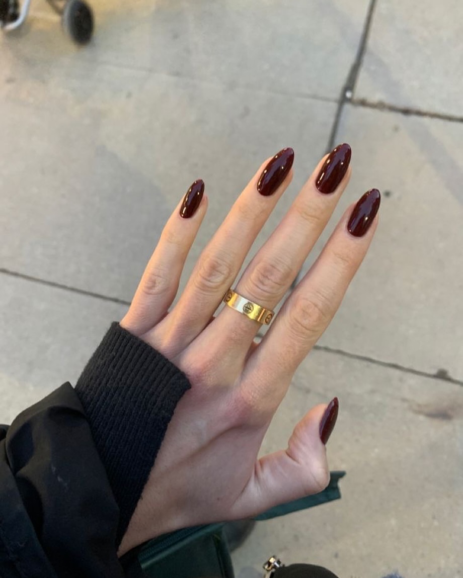 Deep Cherry Red High Gloss Almond Nails