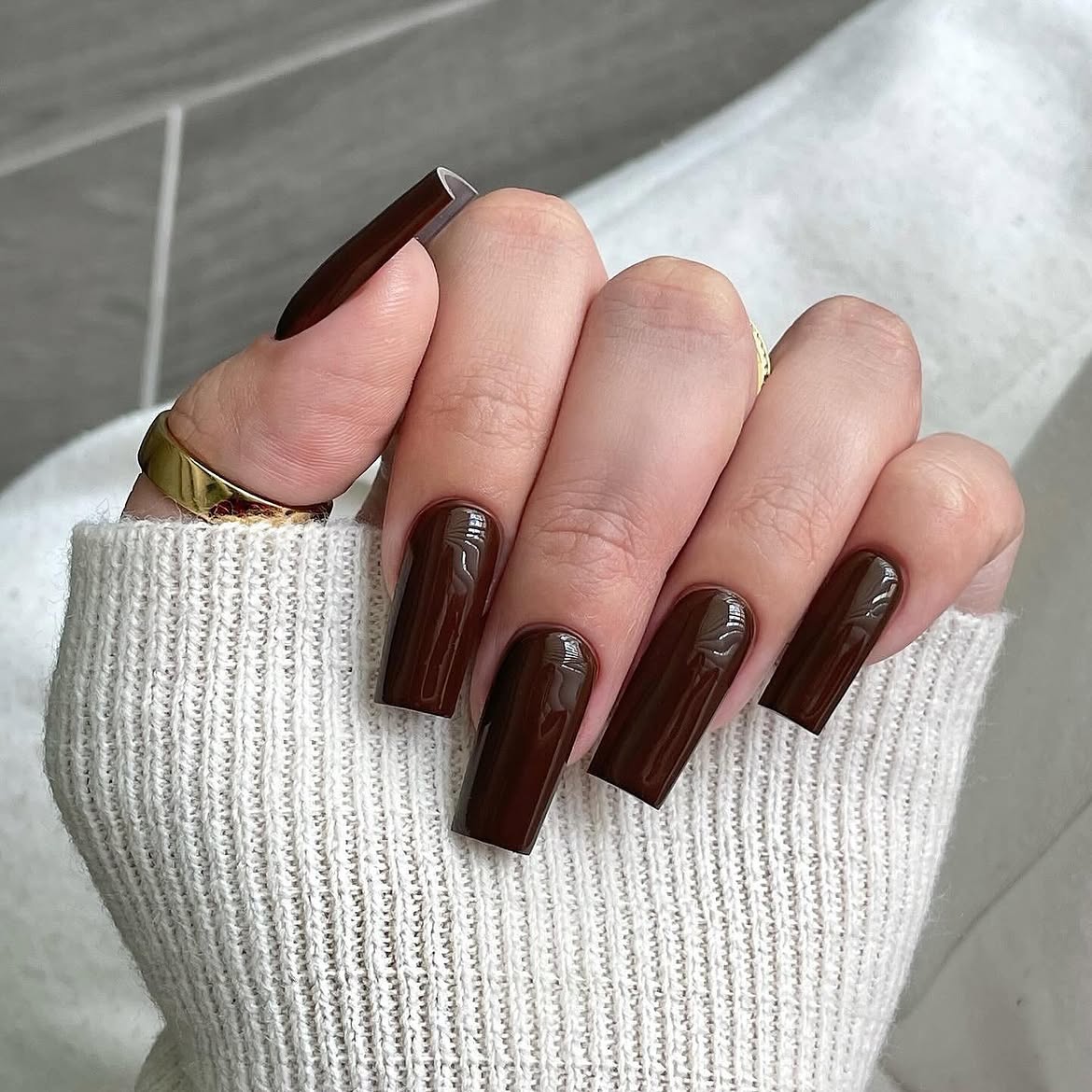 Deep Chocolate Brown High Gloss Coffin Nails