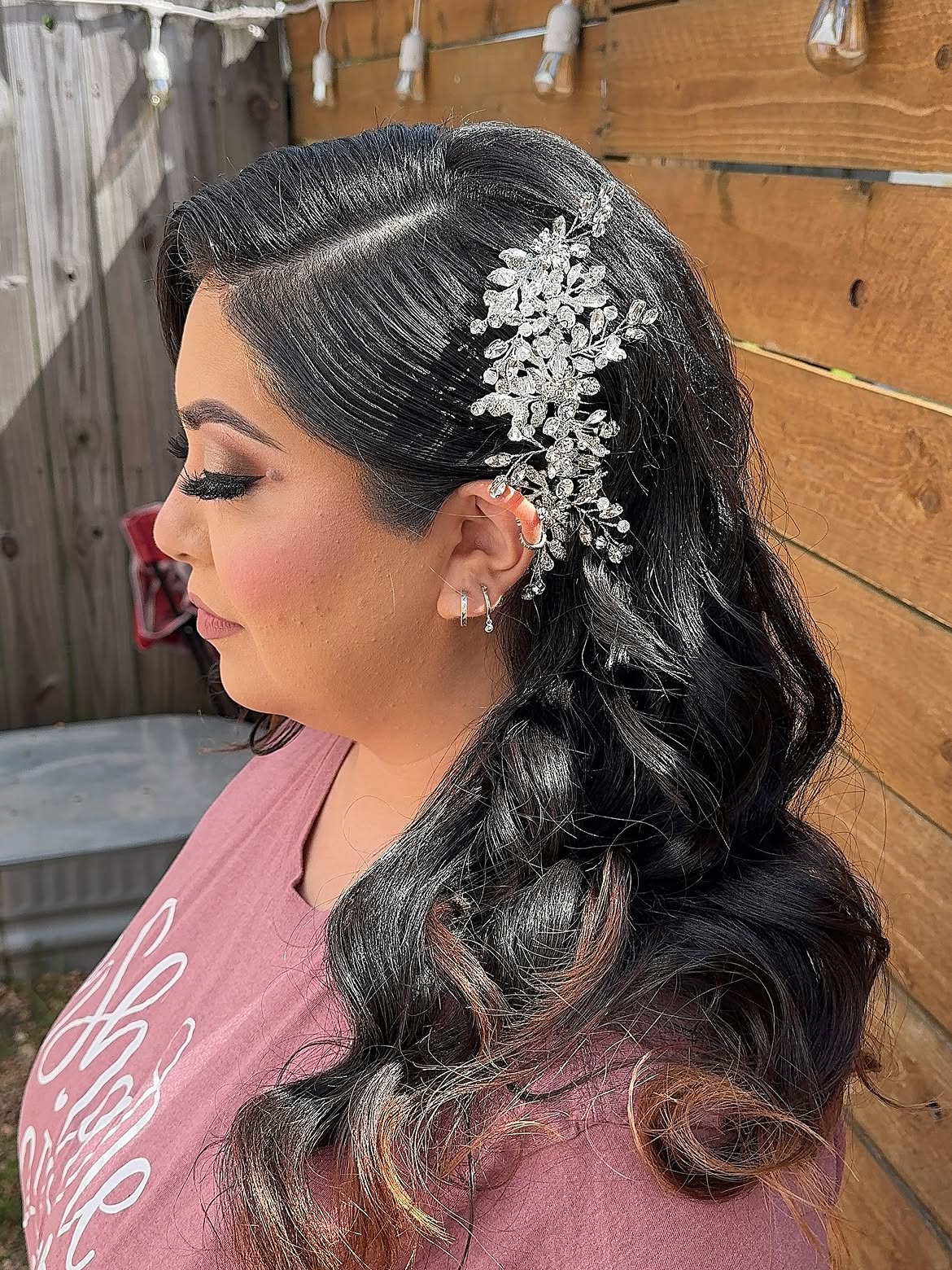 Deep Side Part Hollywood Waves With Sparkly Accessory