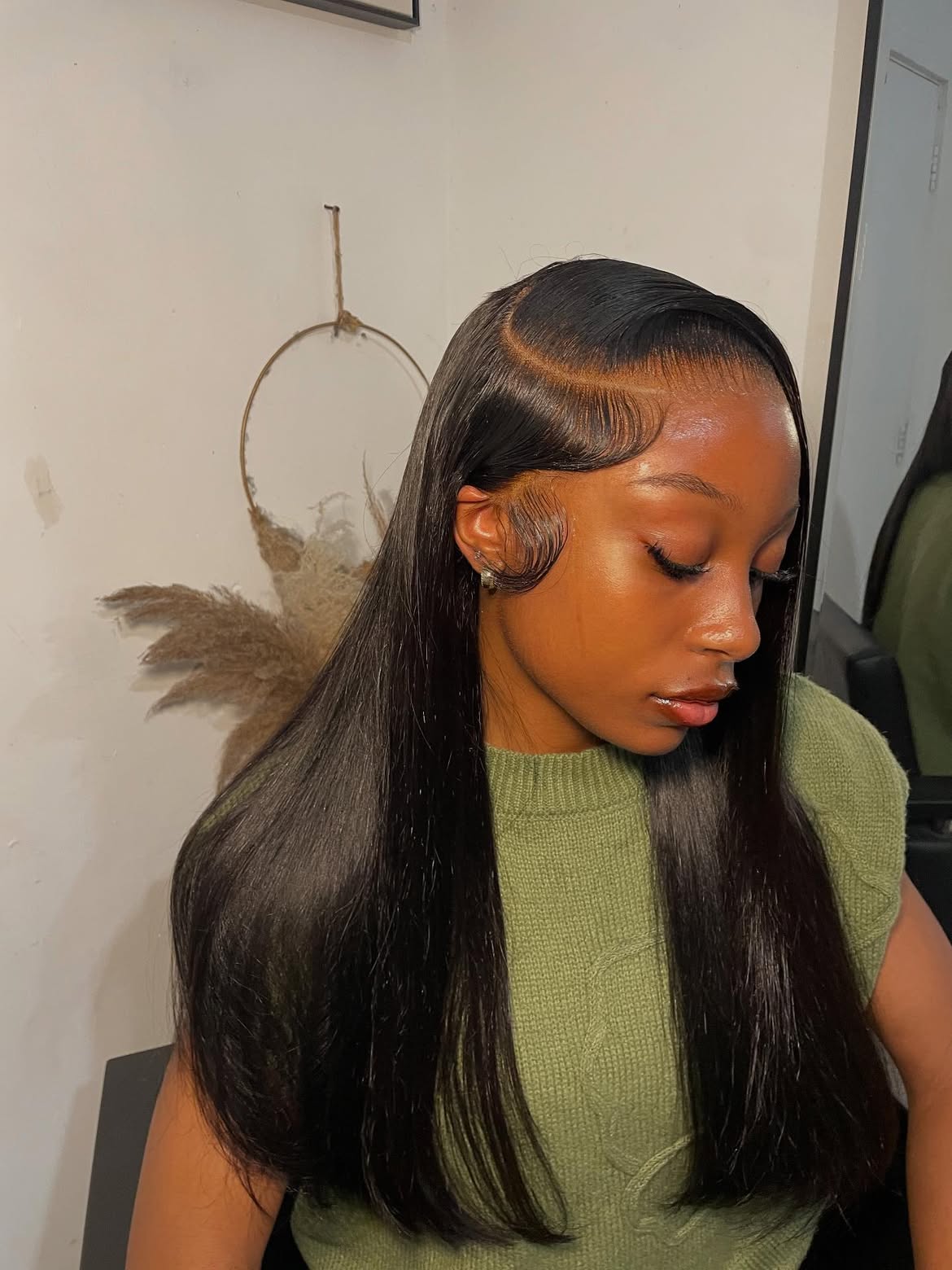 Deep Side Part Sleek Straight Hair With Wispy Edges