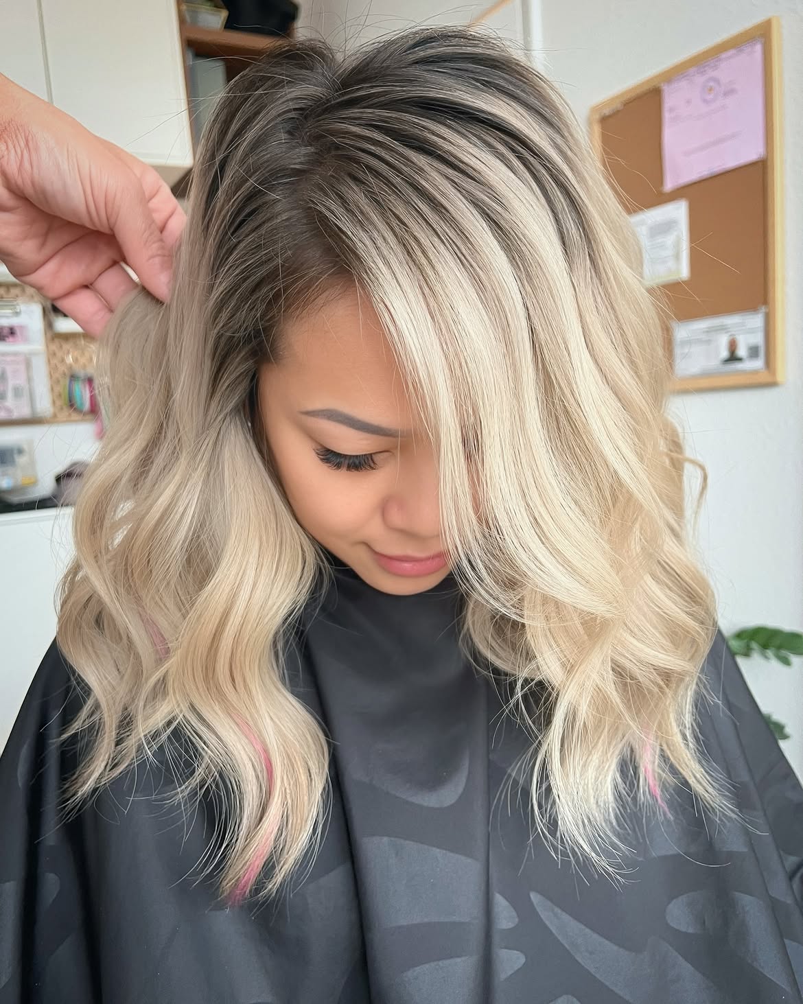 Dimensional Ash Blonde Lob With Subtle Pink Peekaboo