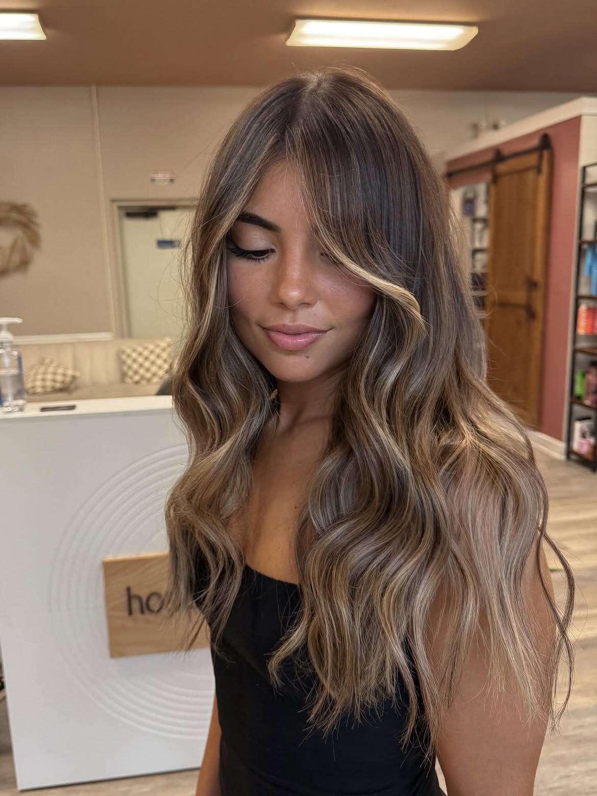 Dimensional Ash Brown Balayage With Curtain Bangs