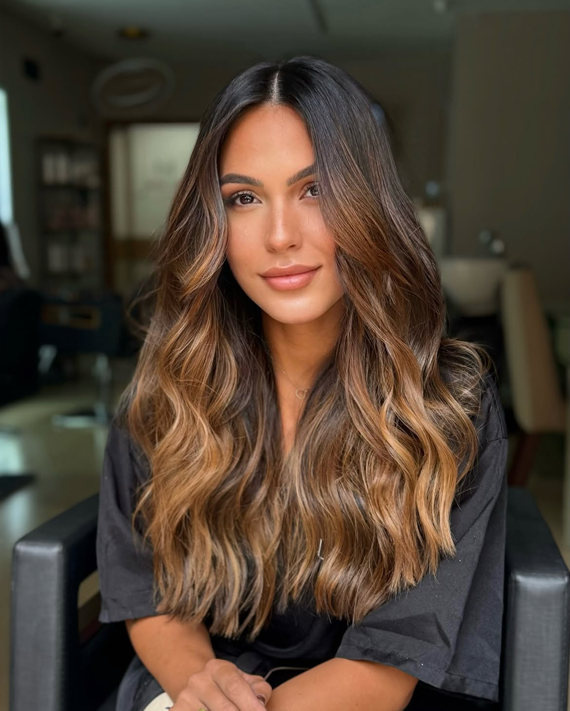 Dimensional Caramel Balayage On Long Wavy Brunette