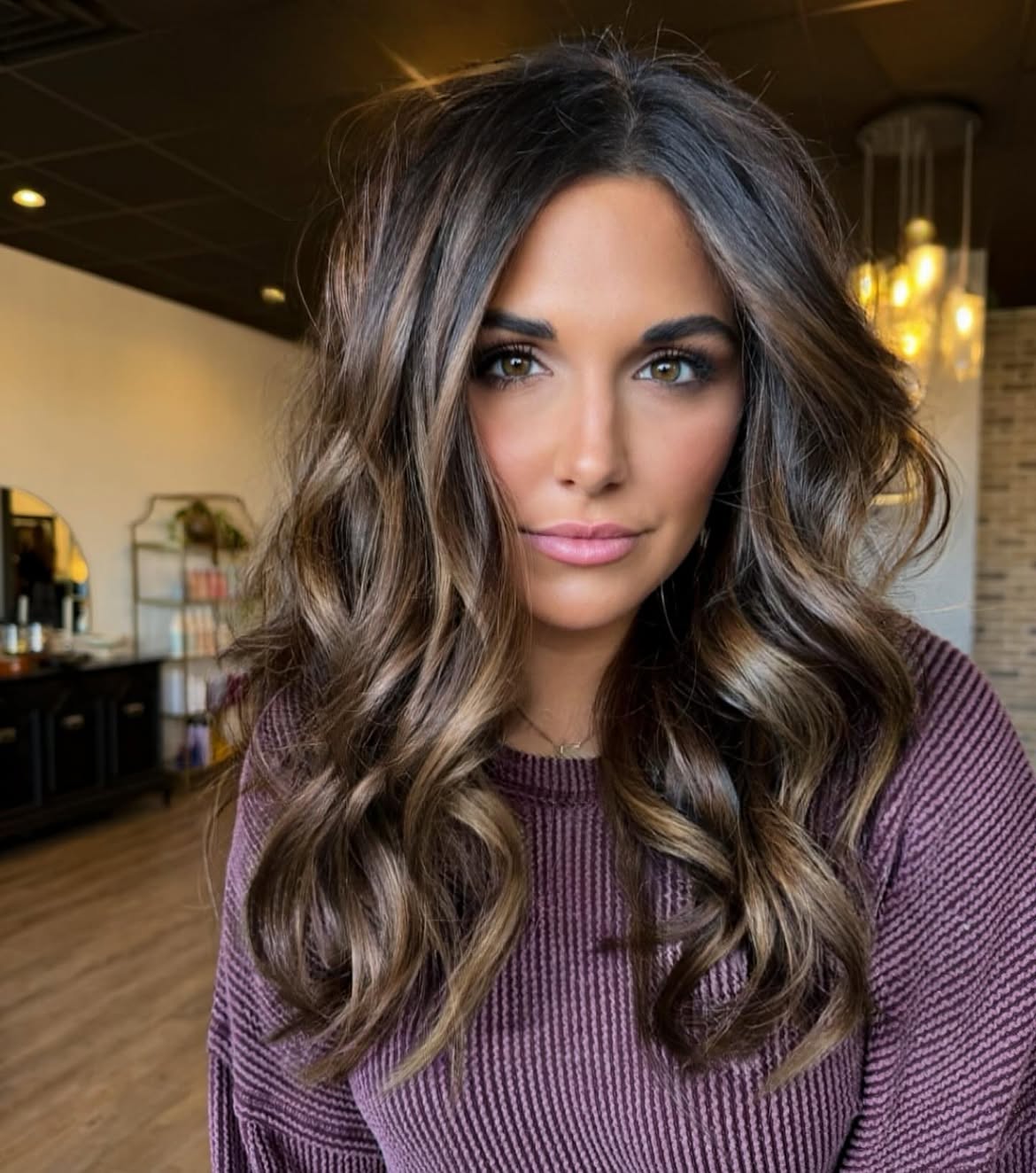 Dimensional Caramel Highlights On Espresso Brunette Waves