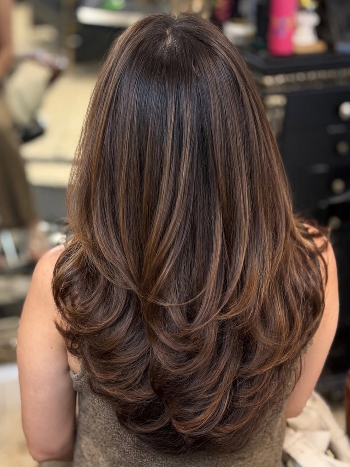 Dimensional Caramel Highlights On Espresso Layered Hair
