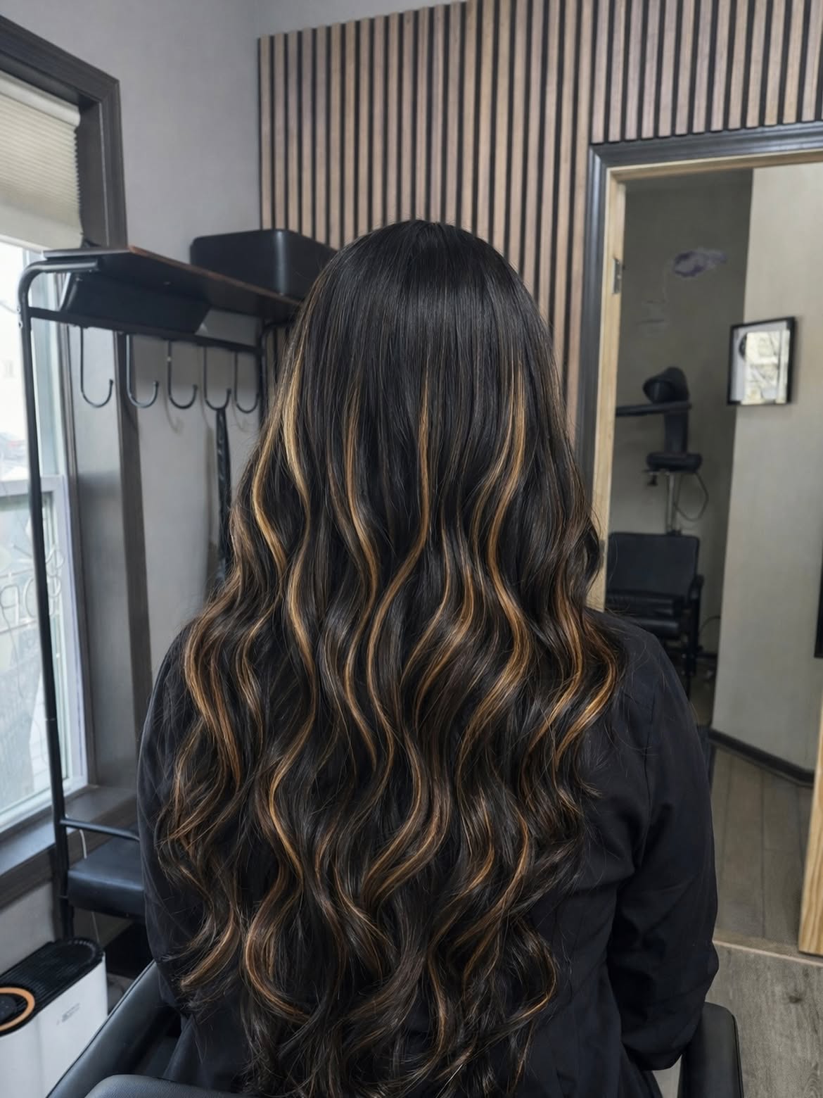 Dimensional Caramel Highlights On Long Black Hair