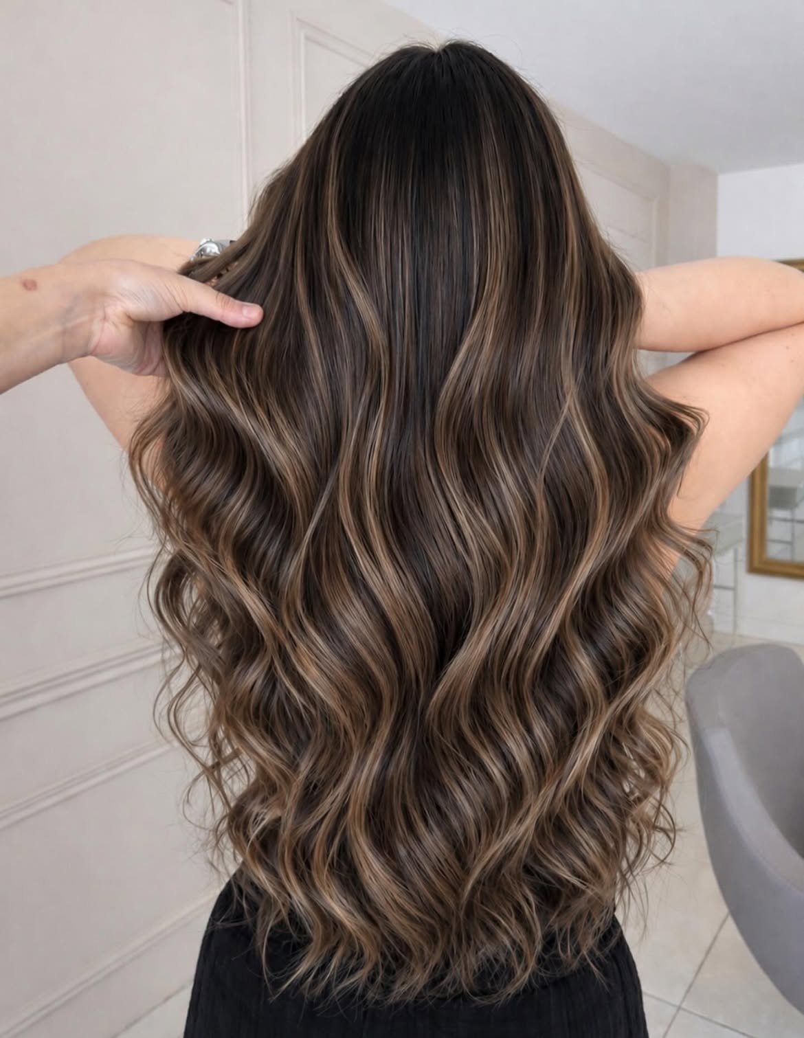 Dimensional Caramel Highlights On Long Brunette Waves