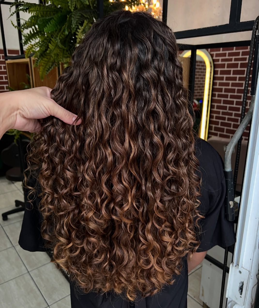 Dimensional Caramel Highlights On Long Curly Espresso Hair