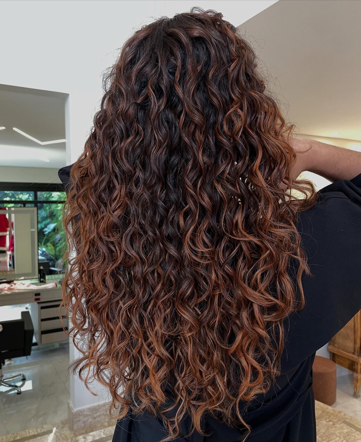 Dimensional Copper Balayage On Long Curly Espresso Hair