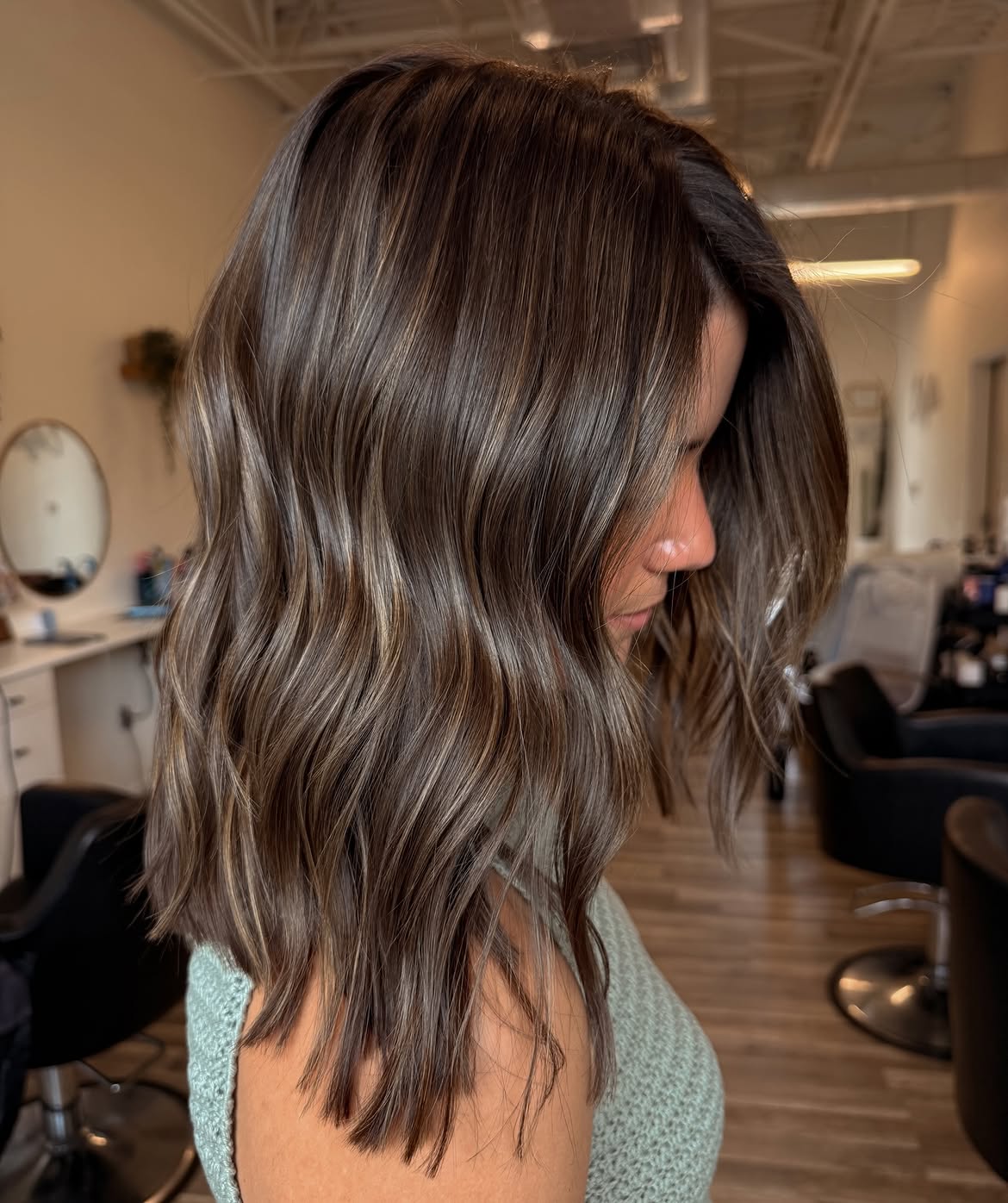 Dimensional Highlights On Brunette Mid Length Lob