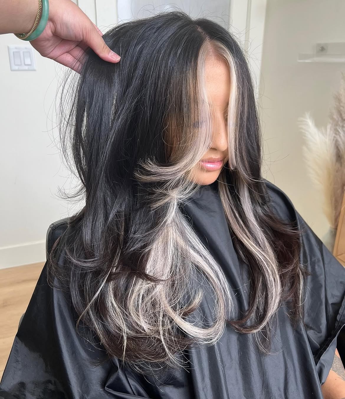 Dimensional Platinum Money Piece On Long Layered Brunette